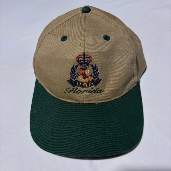 Vtg 90s Florida USA Snapback Hat Two Tone Khaki Green Nautical Anchor Crest Cap