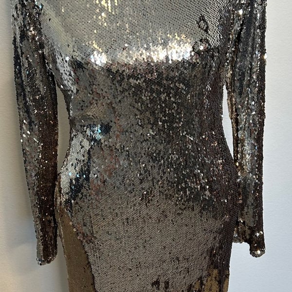 Dress The Population Maxi Dress Size XL Silver Black Sequin Long Sleeve