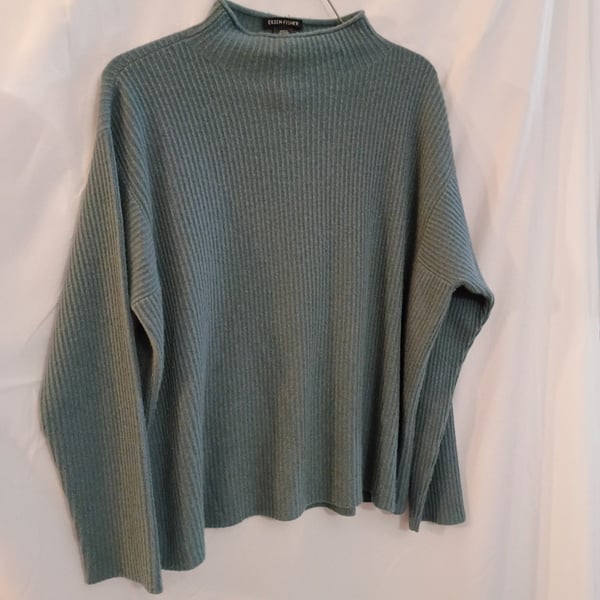 Eileen Fisher Mock Neck Ribbed Knit Sweater Green