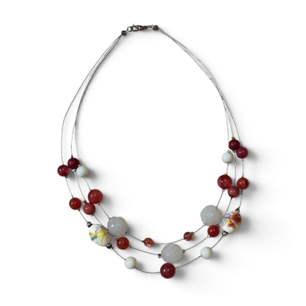 Unbranded Multi-Strand Beaded Necklace Red White Silver Accents