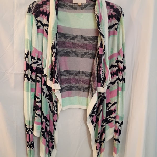 Skies Are Blue Cardigan Sweater Size M Multicolor Open Front Aztec Print