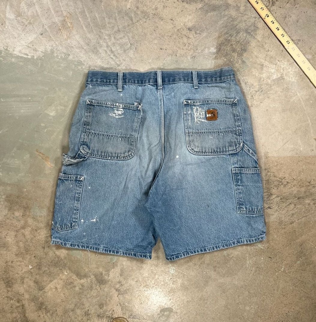 Carhartt B159 DST Carpenter Denim Shorts Size 38 Light Wash Paint Splatter 2