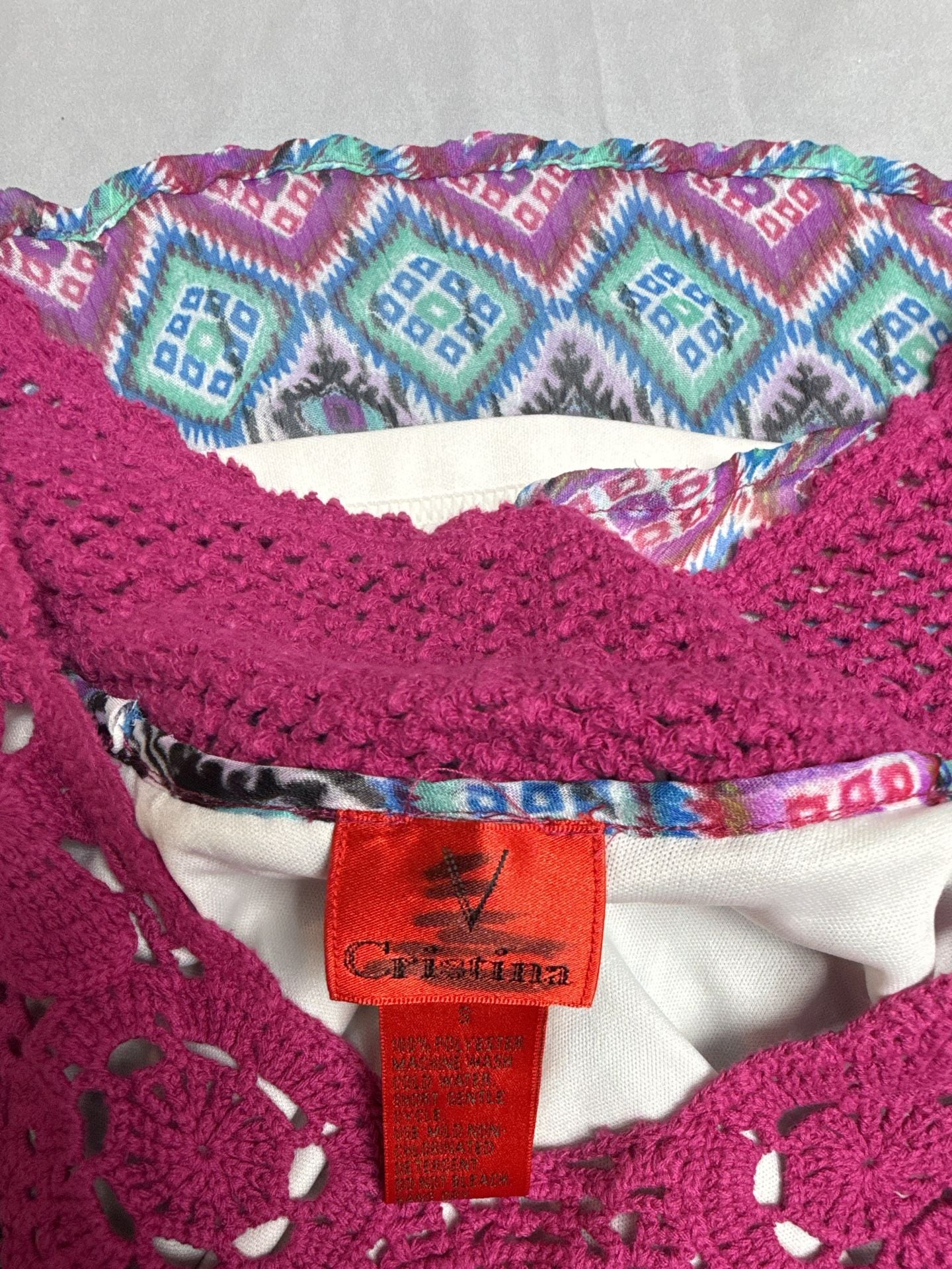 Cristina Top Size S Multicolor Boho Print Crochet Neck 4