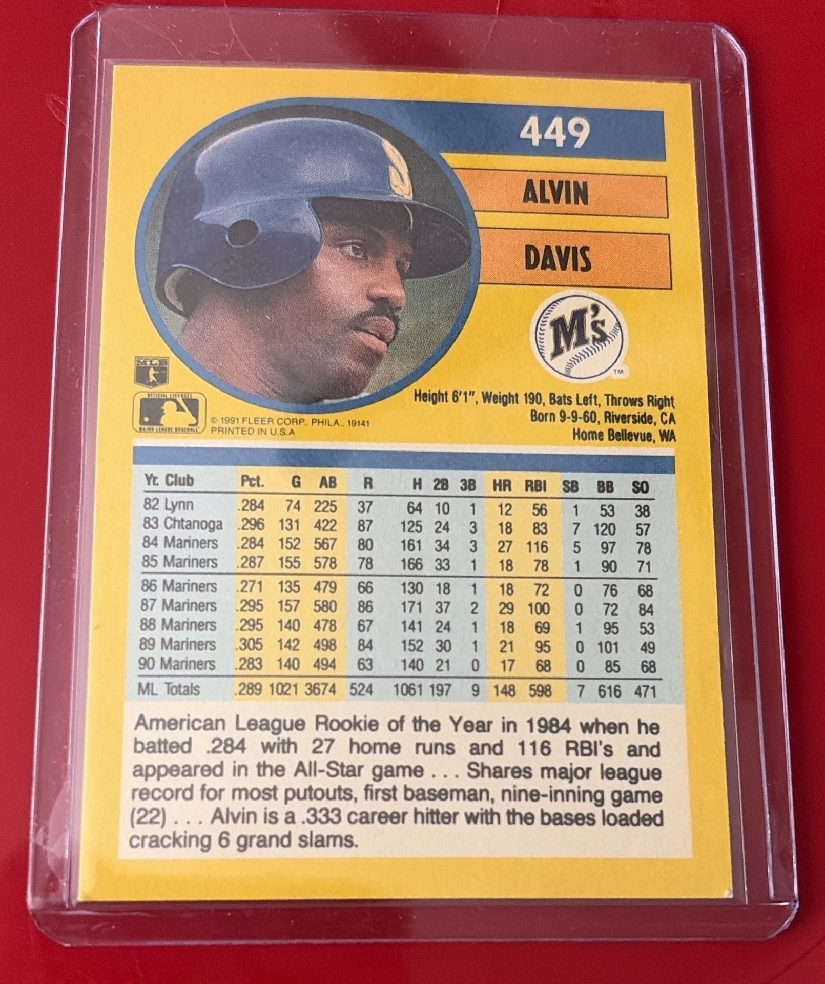 1991 Fleer Alvin Davis Seattle Mariners Baseball Card #449 2