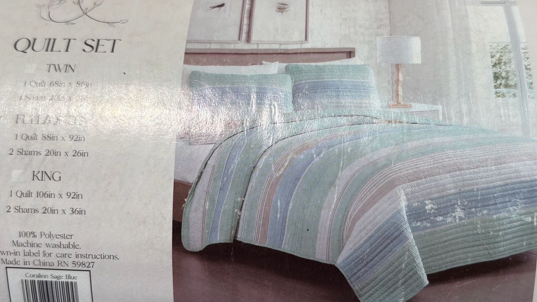 BNIP Indigo Ivory Quilt Set King Coralinn Sage Blue Polyester 1