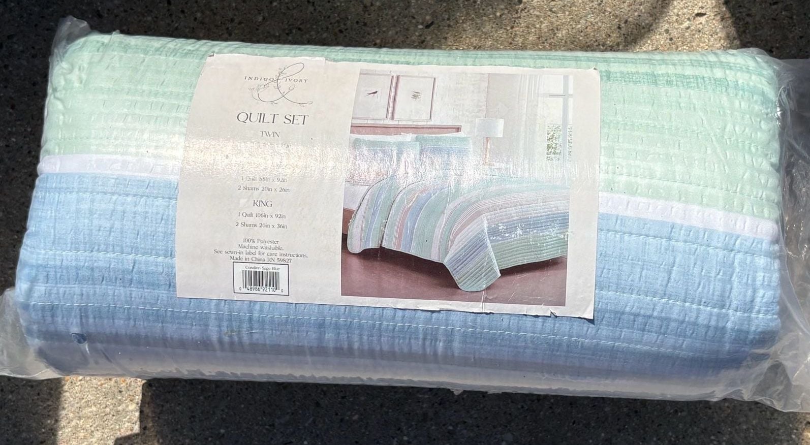 BNIP Indigo Ivory Quilt Set King Coralinn Sage Blue Polyester 2