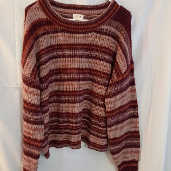 a.n.a Striped Knit Crewneck Sweater Maroon Pink