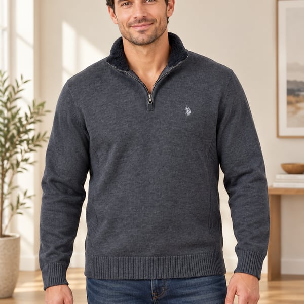 U.S. Polo Assn. Men’s Quarter Zip Sweater Sherpa Collar Dark Gray XL