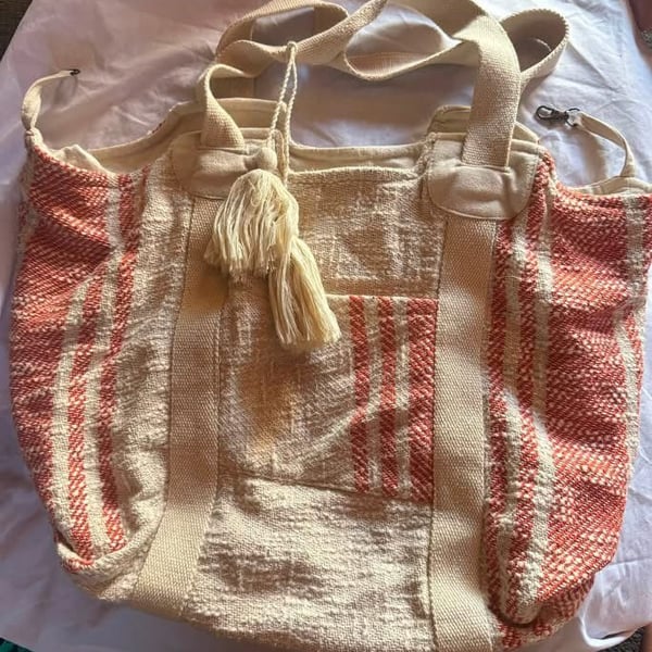Handwoven Red & Cream Cotton Tote Bag Tassel Large Shoulder Bag Made in India