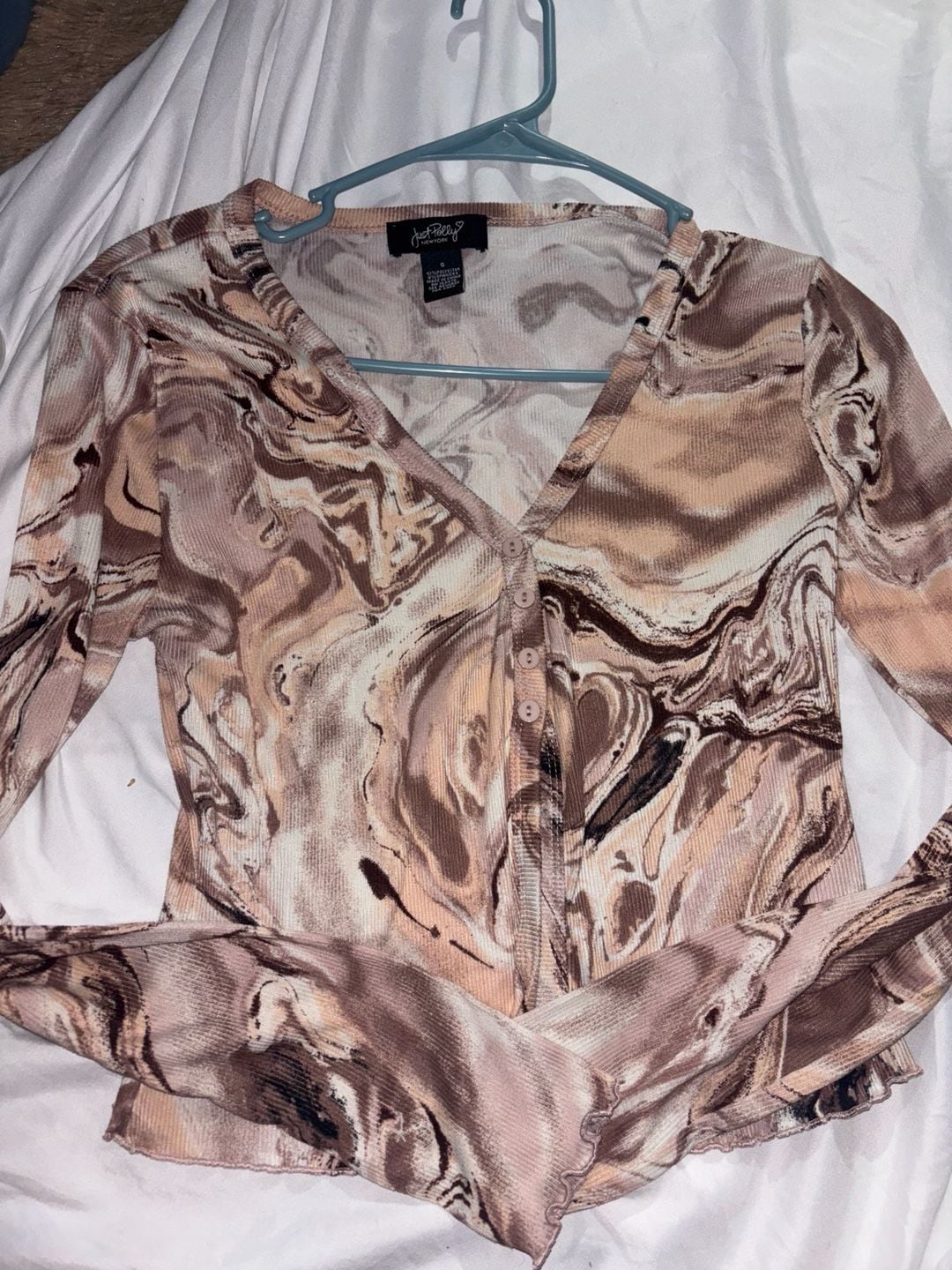 Just Polly Cardigan Size S Brown Marble Print Long Sleeve Top 1