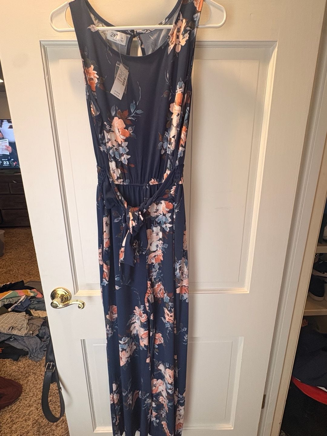 24/7 Jumpsuit Size M Navy Blue Floral Belted Sleeveless 1