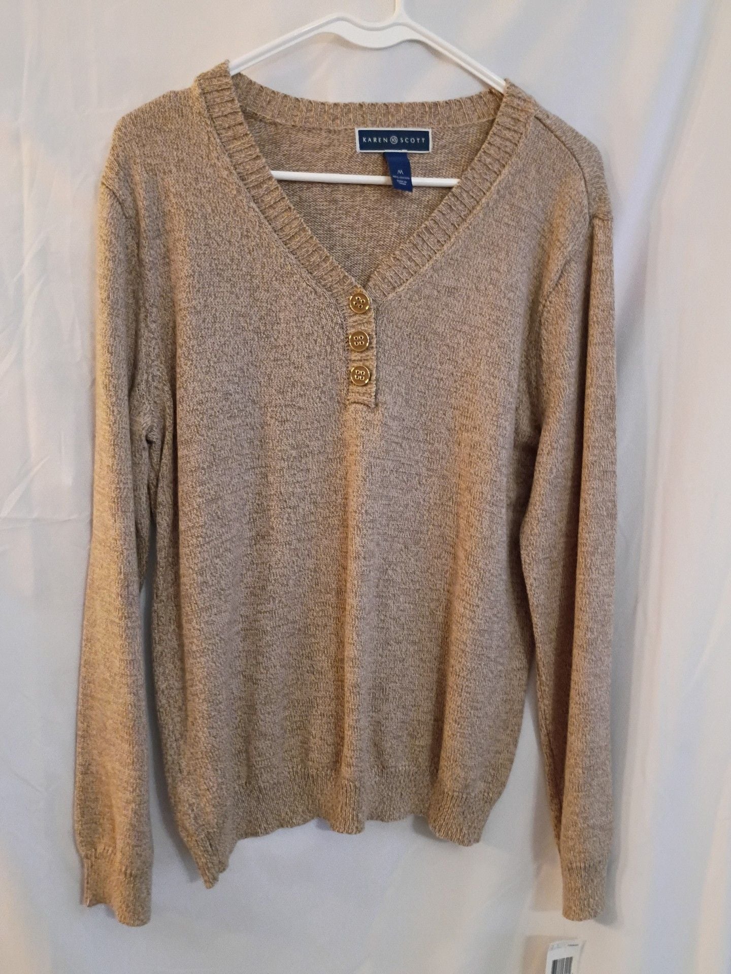 Karen Scott Henley Sweater Size M Tan Marled Cotton Long Sleeve 1