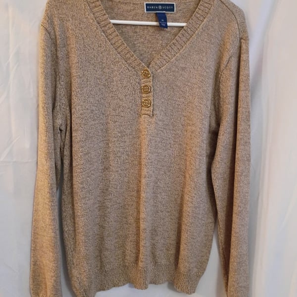 Karen Scott Henley Sweater Size M Tan Marled Cotton Long Sleeve