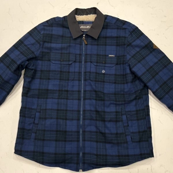 Eddie Bauer Plaid Sherpa Lined Zip Jacket Size XL Blue Black