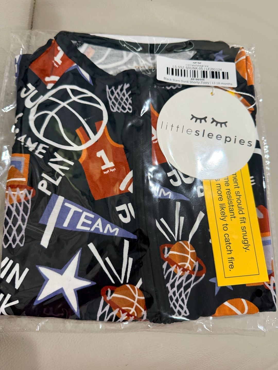 Little Sleepies Black Slam Dunk Shorty Zippy Size 12-18 Months 1