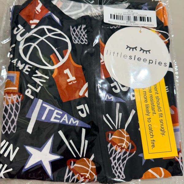 Little Sleepies Black Slam Dunk Shorty Zippy Size 12-18 Months