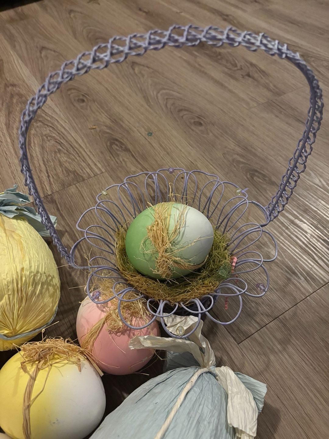 Unbranded Easter Egg Decor Set with Wire Basket and Large Paper Eggs 1