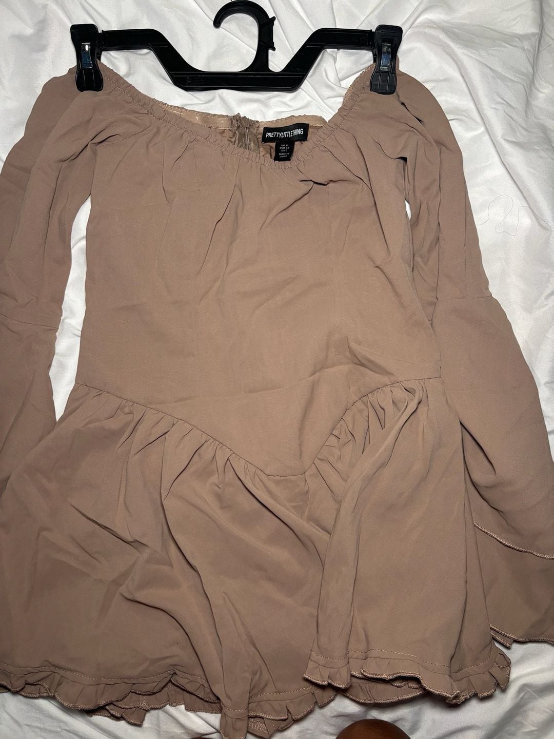 PrettyLittleThing Romper Size US 0 Taupe Off Shoulder Long Sleeve Ruffle 1