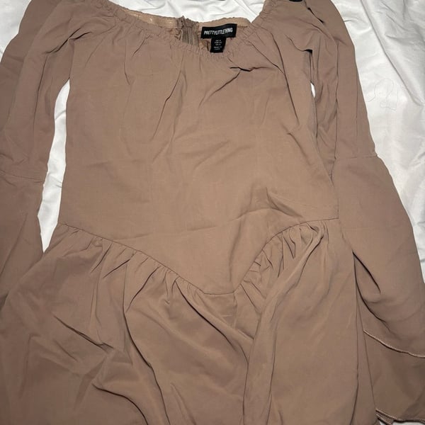 PrettyLittleThing Romper Size US 0 Taupe Off Shoulder Long Sleeve Ruffle