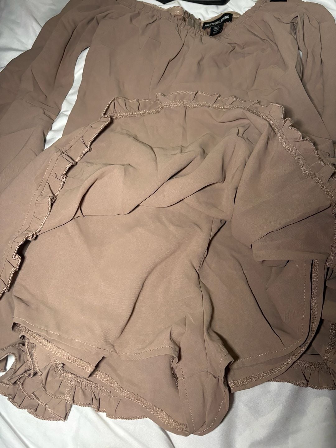 PrettyLittleThing Romper Size US 0 Taupe Off Shoulder Long Sleeve Ruffle 3