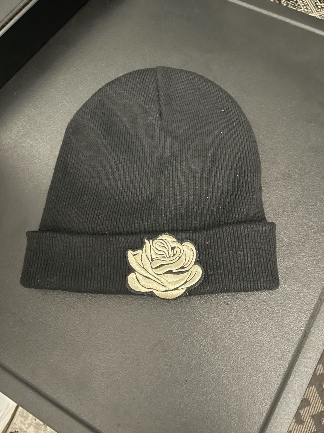 Black Knit Beanie with Embroidered Rose Patch 2