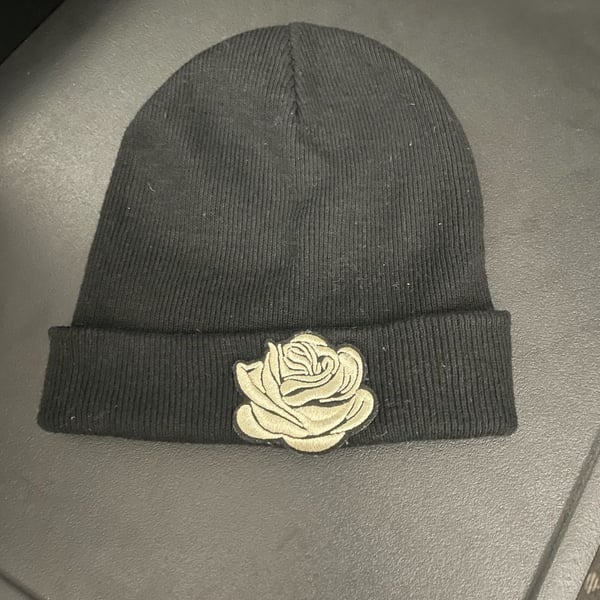 Black Knit Beanie with Embroidered Rose Patch
