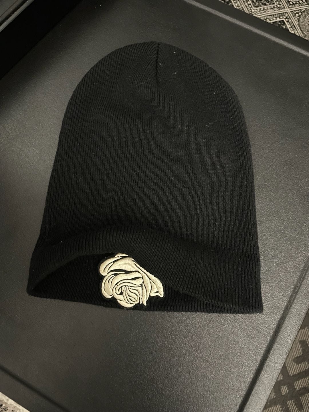 Black Knit Beanie with Embroidered Rose Patch 3