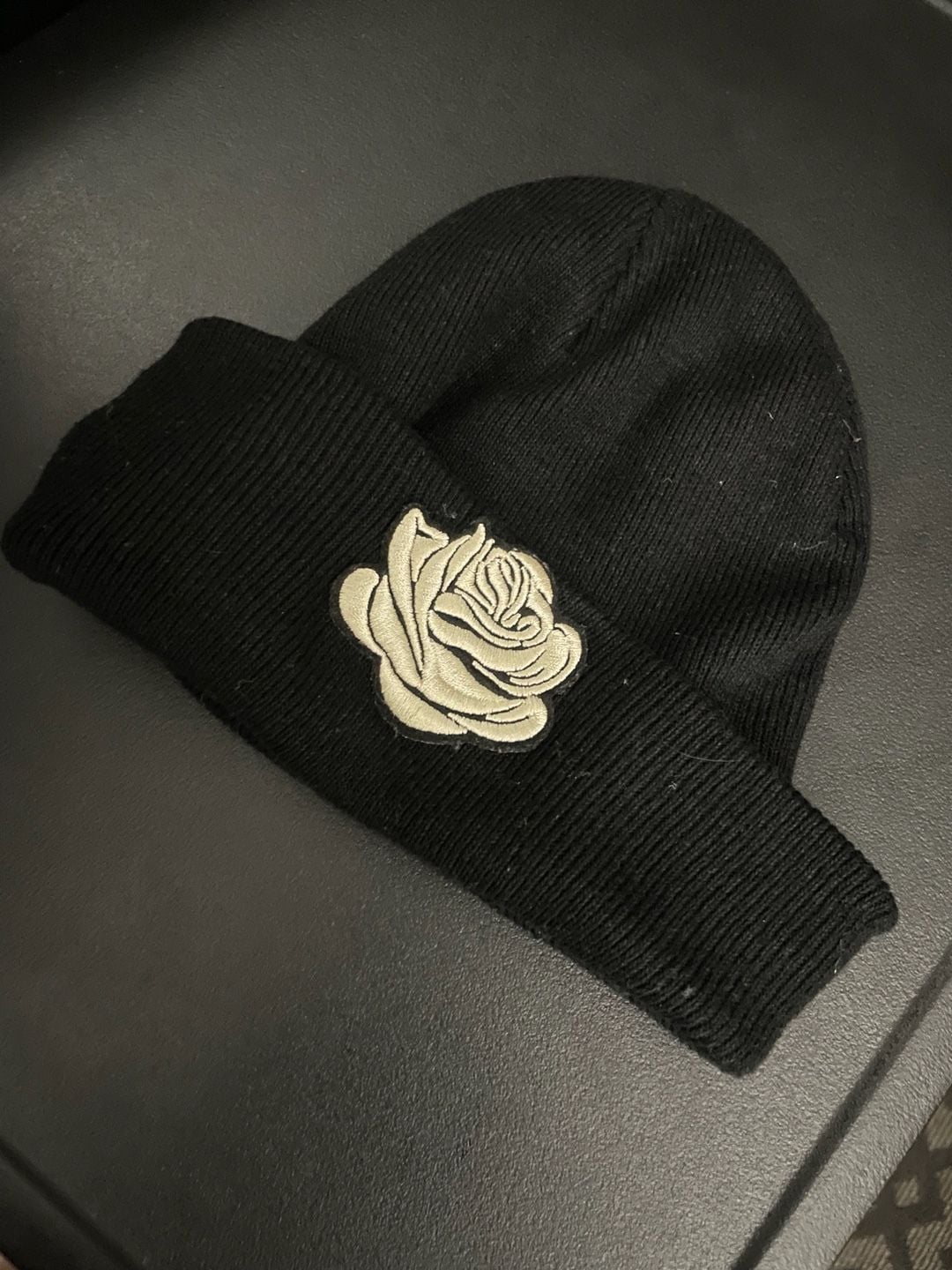 Black Knit Beanie with Embroidered Rose Patch 4