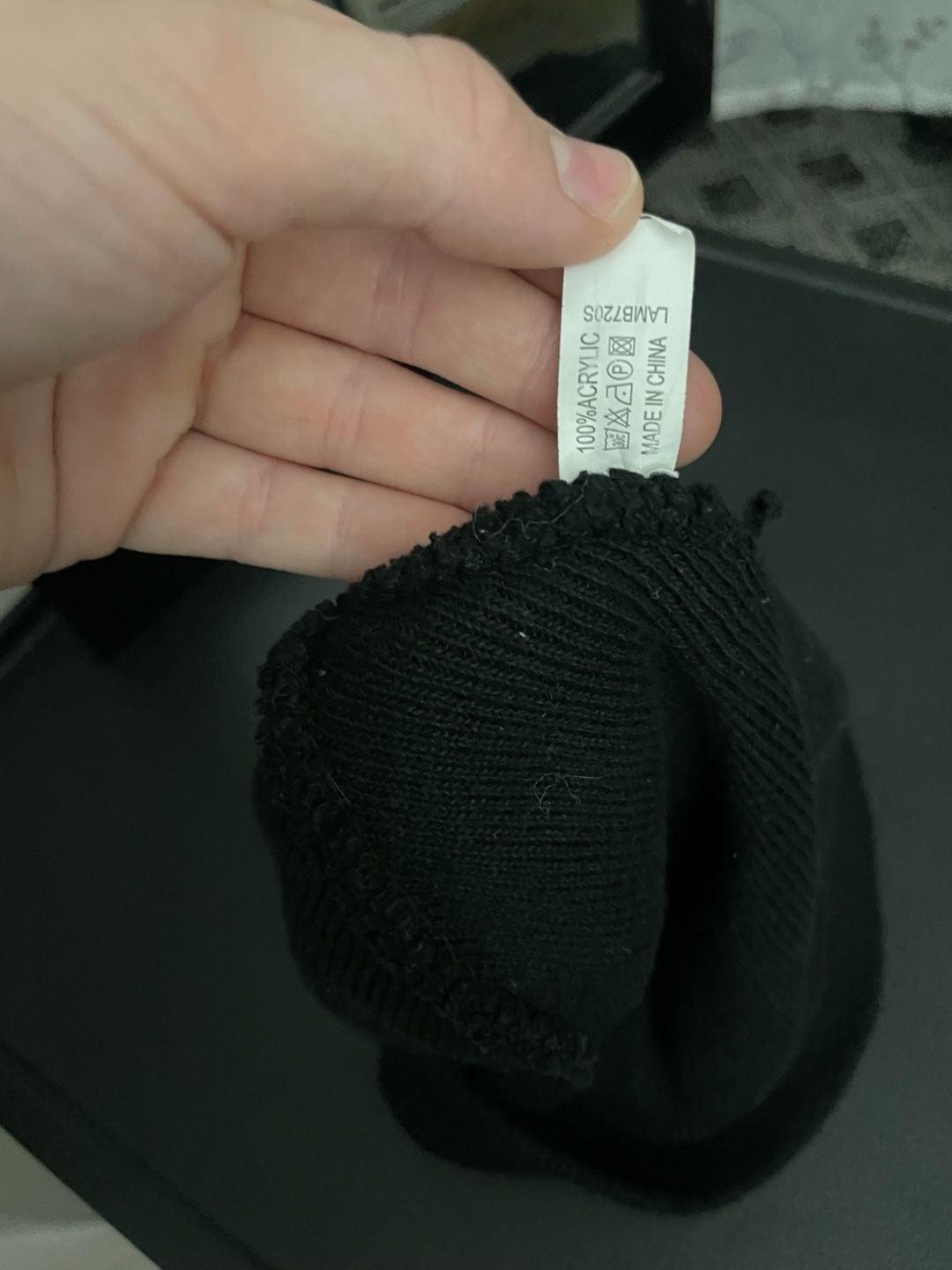 Black Knit Beanie with Embroidered Rose Patch 5
