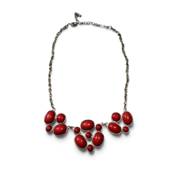 Vintage Goldtone Metal Link Chain Red Plastic Inset Bib Pendant 20" Necklace