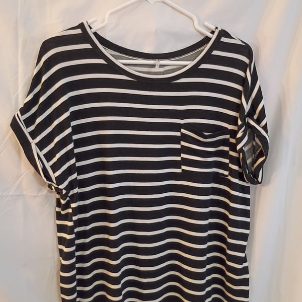 Umgee Striped Short Sleeve Pocket T-Shirt Black White Casual Top