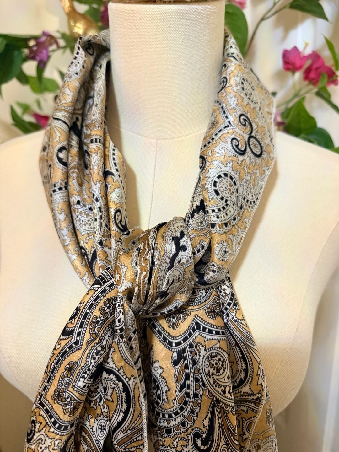 Wyoming Traders Paisley Wild Rag Tan And Black Silk Scarf 2