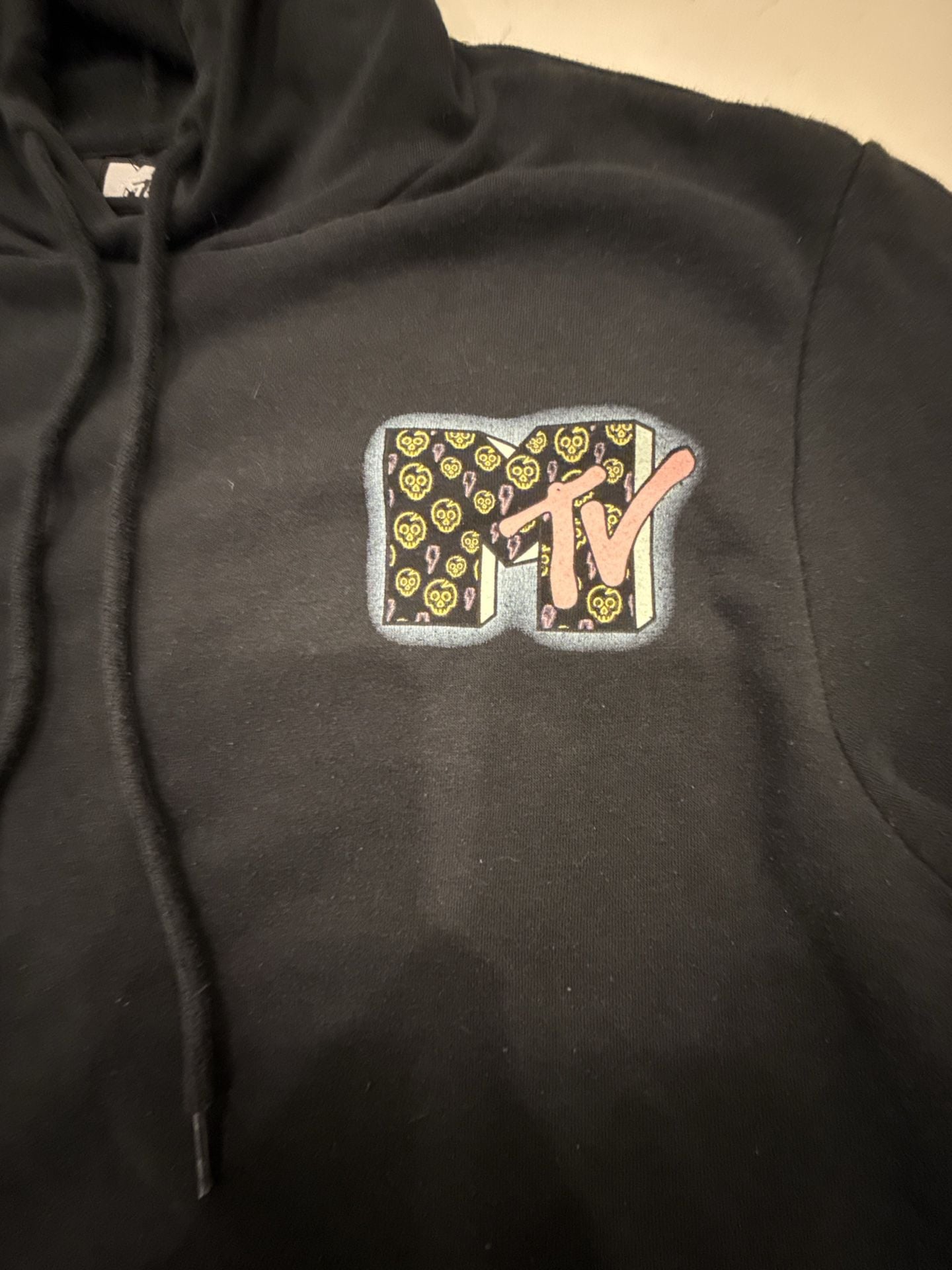 Mtv Classic Skull Print Logo Hoodie Size L Black Pullover 3