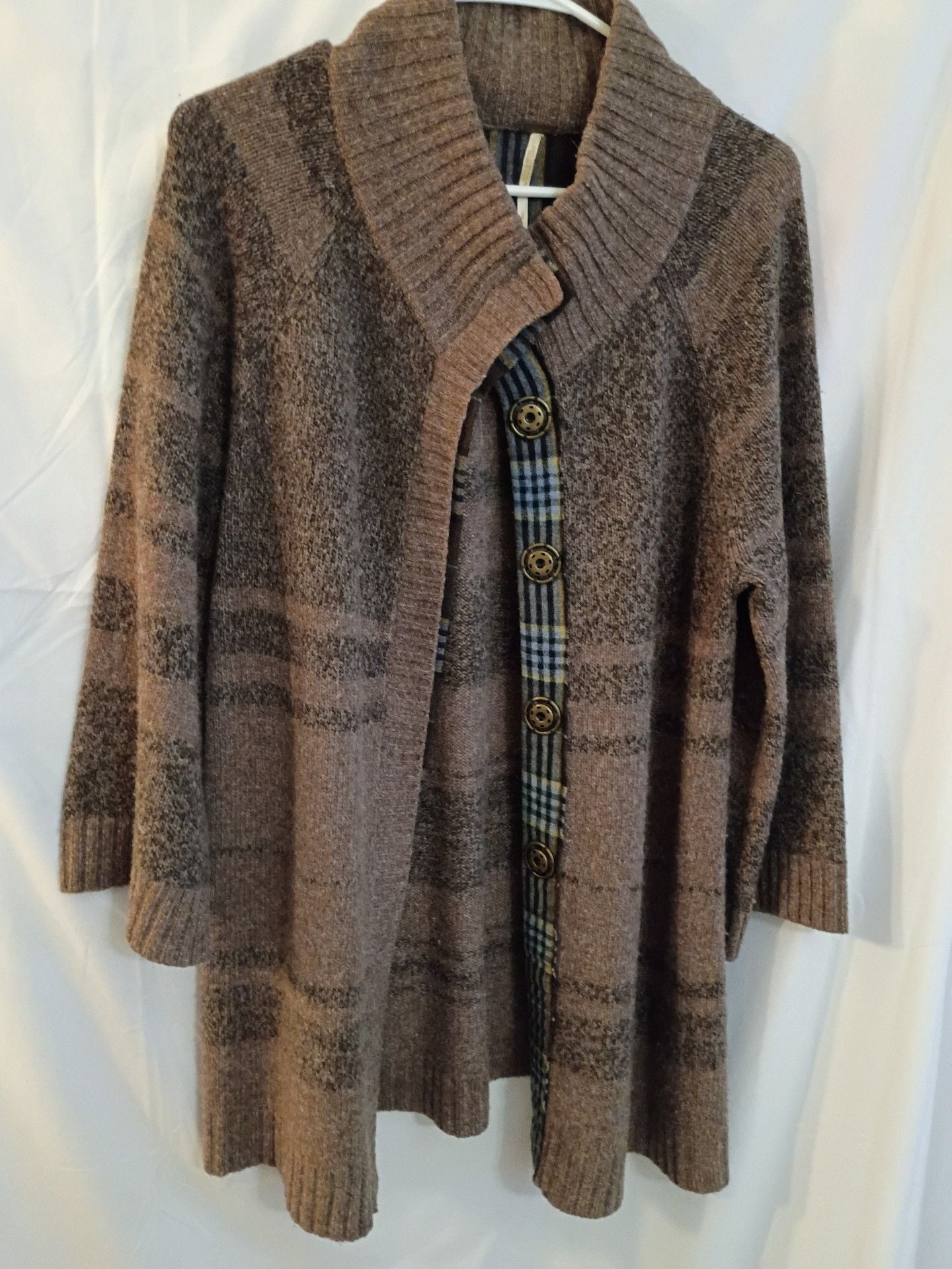 Marisa Christina Cardigan Sweater Brown Striped Plaid Placket Shawl Collar 2