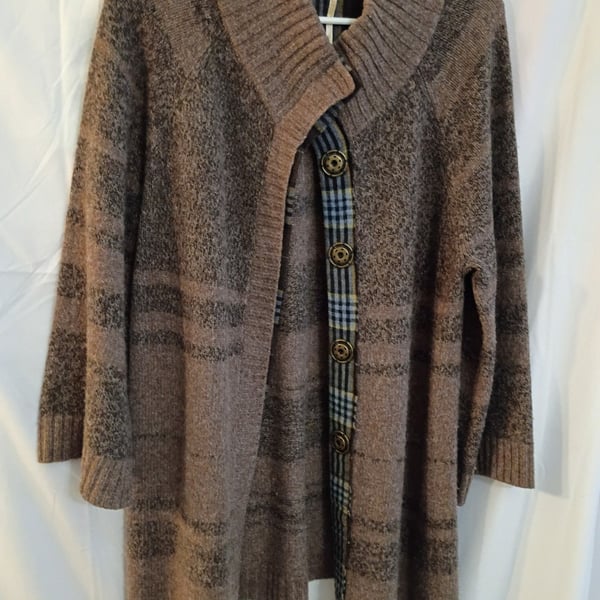 Marisa Christina Cardigan Sweater Brown Striped Plaid Placket Shawl Collar