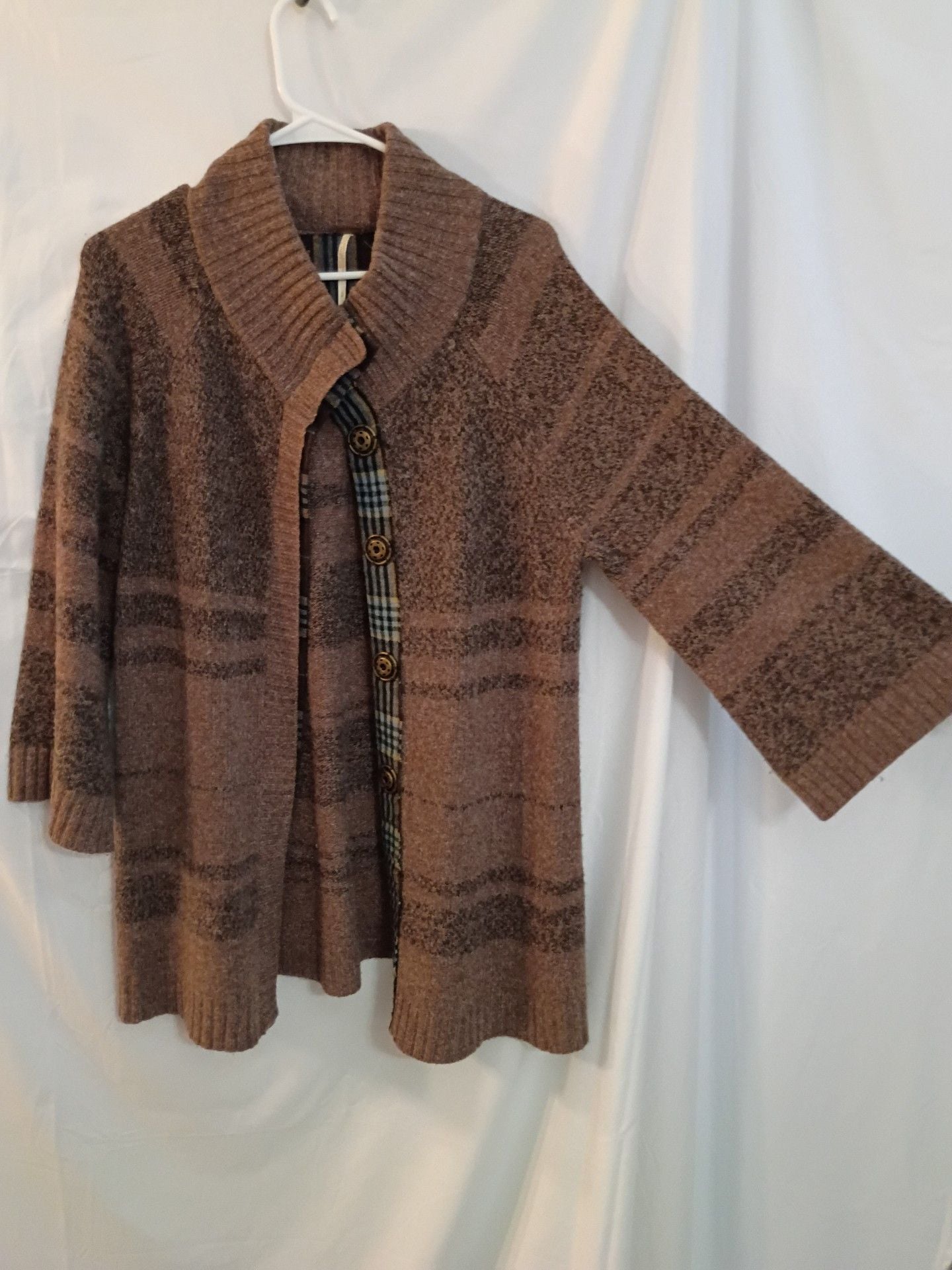 Marisa Christina Cardigan Sweater Brown Striped Plaid Placket Shawl Collar 3