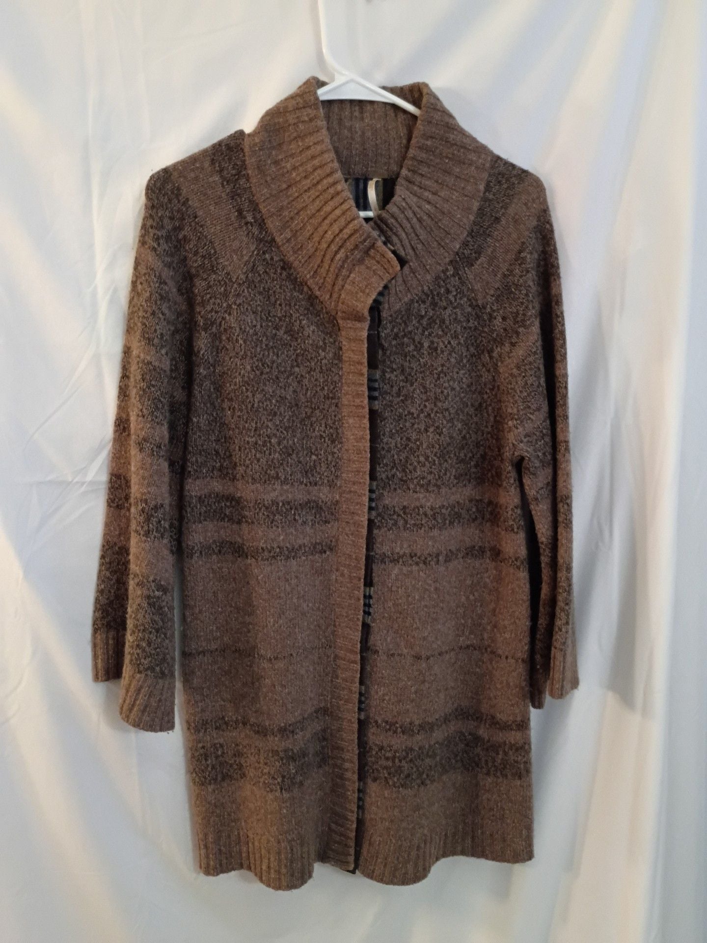 Marisa Christina Cardigan Sweater Brown Striped Plaid Placket Shawl Collar 5