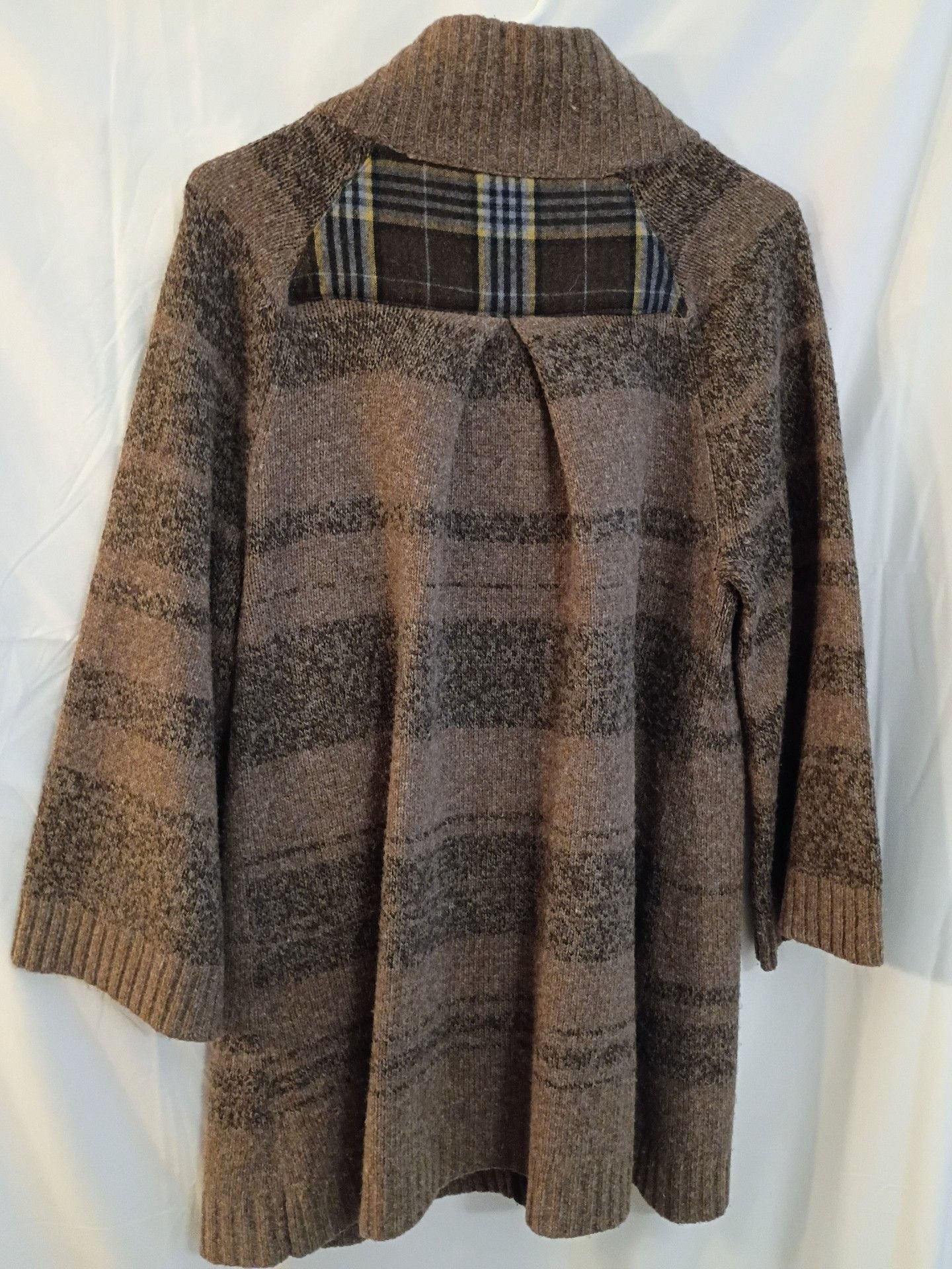 Marisa Christina Cardigan Sweater Brown Striped Plaid Placket Shawl Collar 7