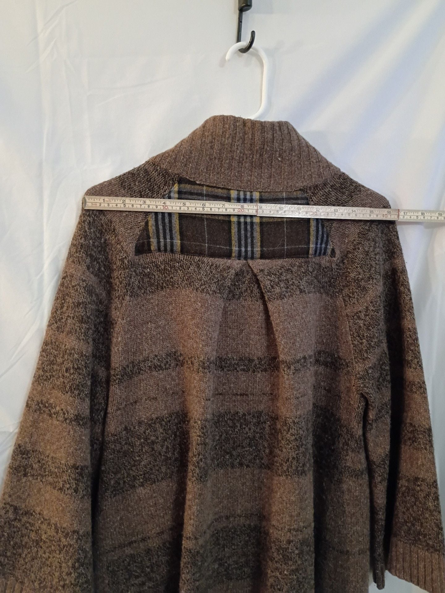 Marisa Christina Cardigan Sweater Brown Striped Plaid Placket Shawl Collar 8