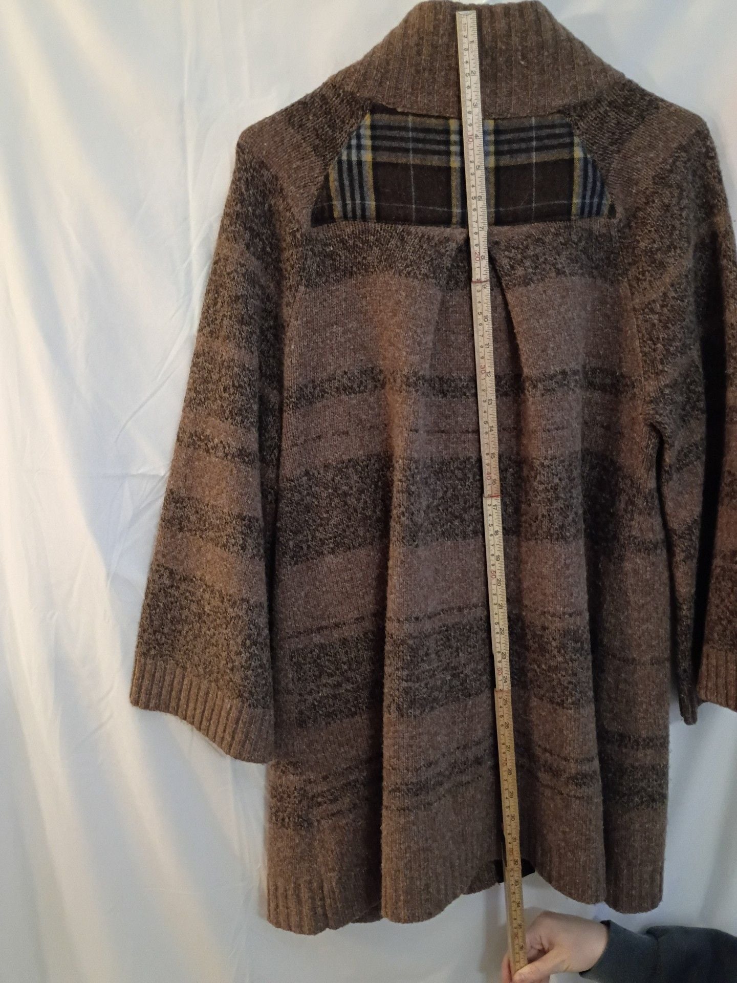 Marisa Christina Cardigan Sweater Brown Striped Plaid Placket Shawl Collar 9