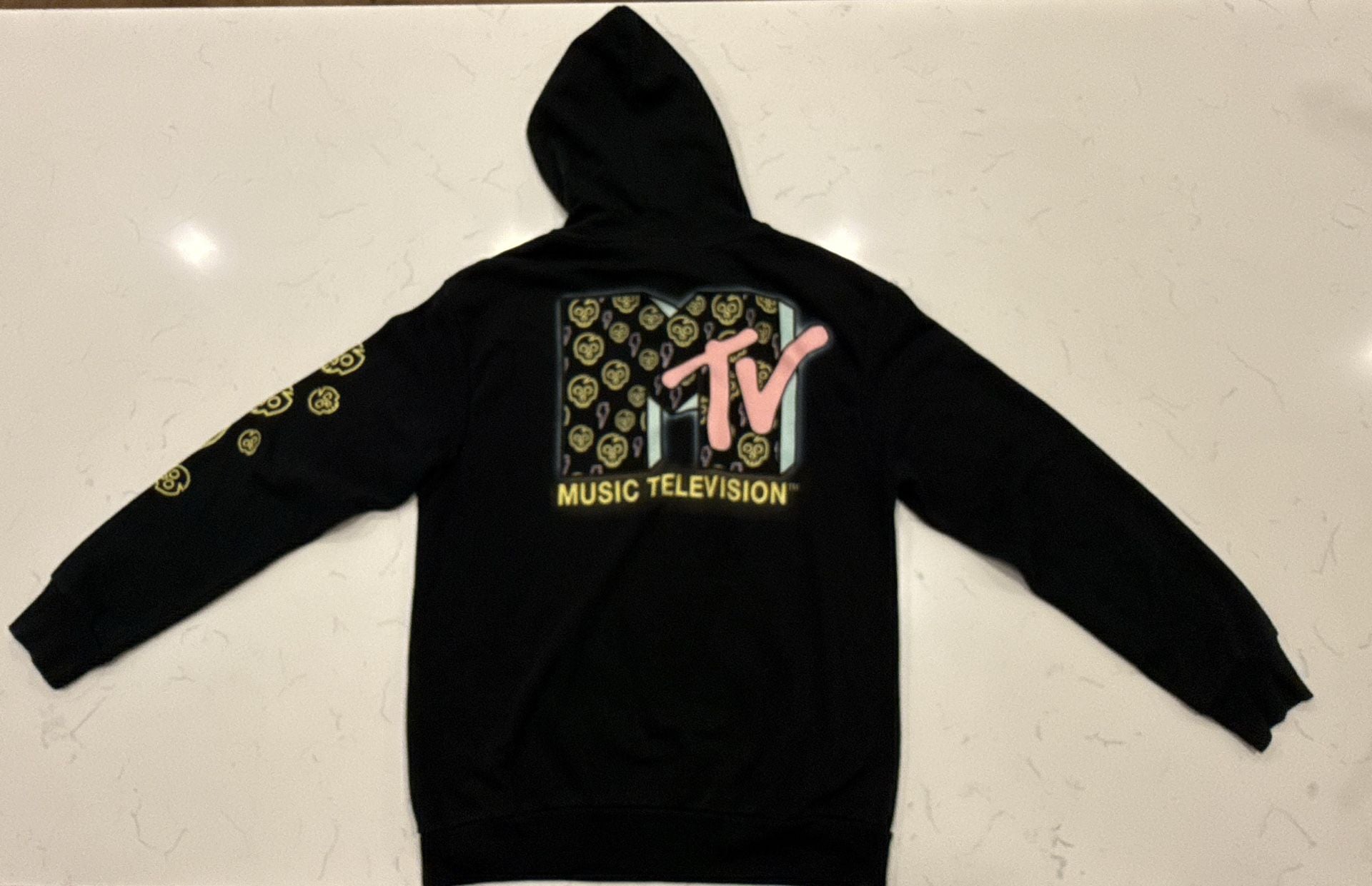 Mtv Classic Skull Print Logo Hoodie Size L Black Pullover 7