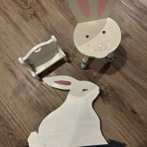 Handmade Wooden Easter Bunny Decor Bundle Chair Wall Sign Bench
