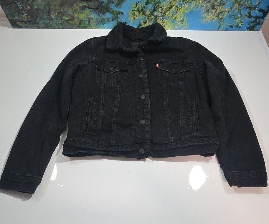 Levi's Sherpa Trucker Jacket Size M Black Denim Fleece 2
