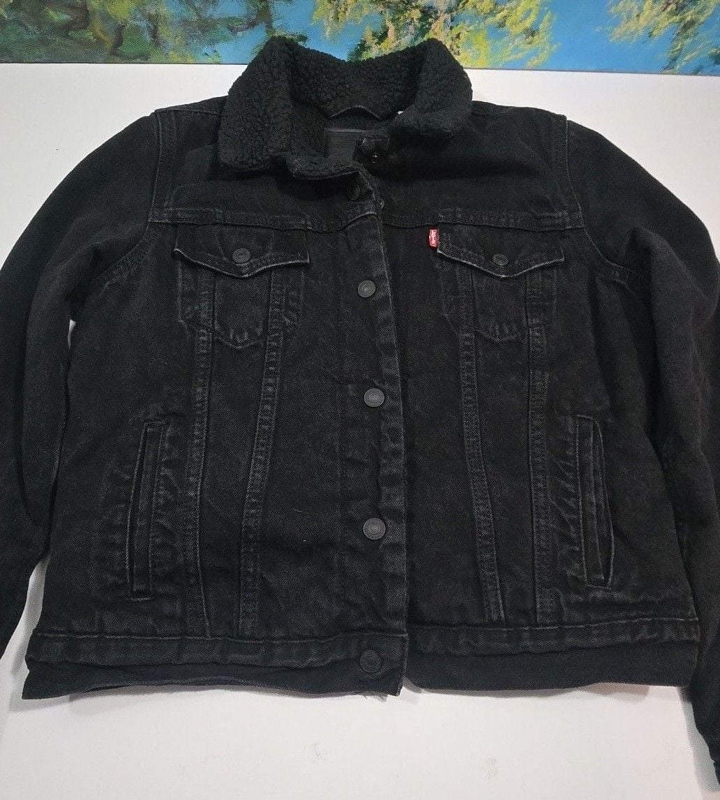 Levi's Sherpa Trucker Jacket Size M Black Denim Fleece 3
