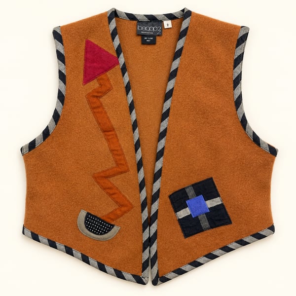 Bepop2 100% Pure Wool Art to Wear Vest Size 2 Abstract Patchwork Brown