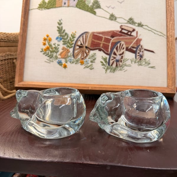 Clear Glass Sleeping Cat Figurines Tea Light Candle Holders Set of 2