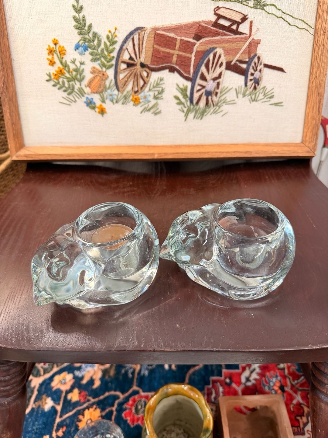 Clear Glass Sleeping Cat Figurines Tea Light Candle Holders Set of 2 7