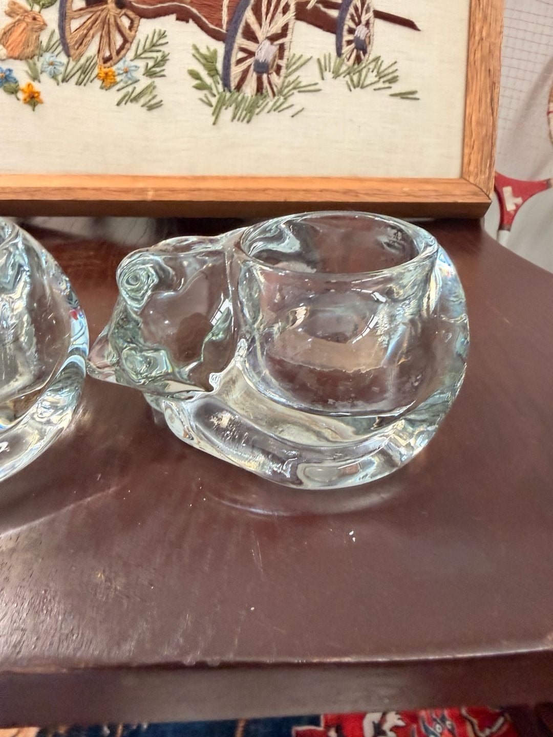 Clear Glass Sleeping Cat Figurines Tea Light Candle Holders Set of 2 8
