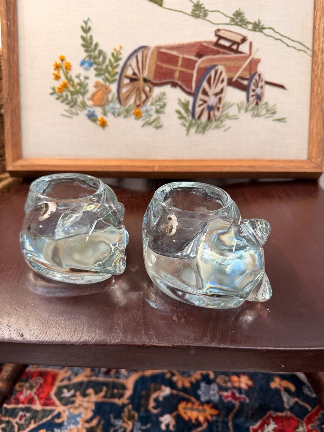 Clear Glass Sleeping Cat Figurines Tea Light Candle Holders Set of 2 10