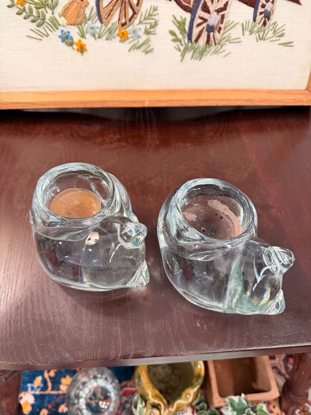 Clear Glass Sleeping Cat Figurines Tea Light Candle Holders Set of 2 11
